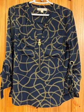 Michael Kors Navy Blouse with Gold Chain-Link Print